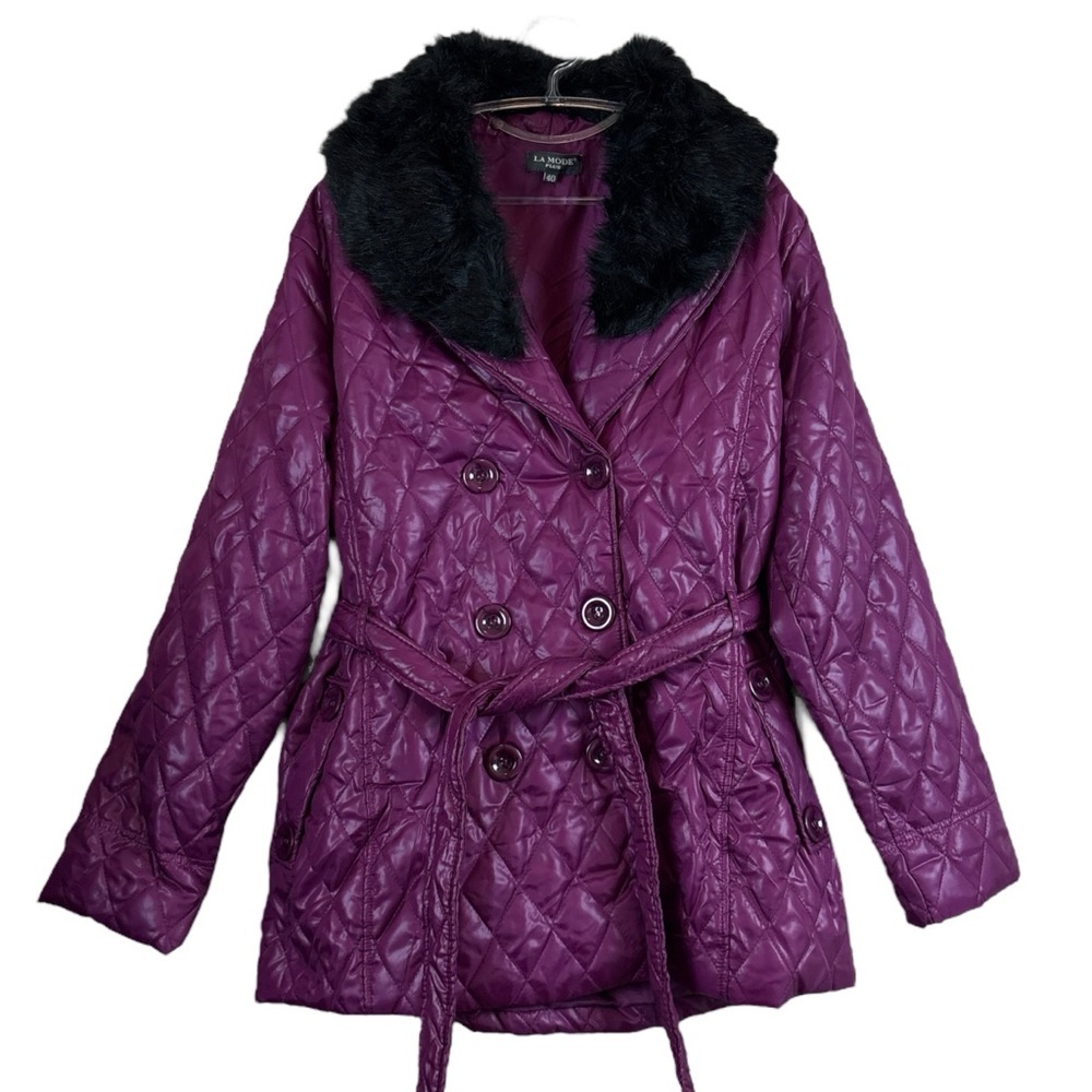 La Mode Quilted Puffer Faux Fur Collar Belted Rain Coat Jacket Purple Size 40 XL